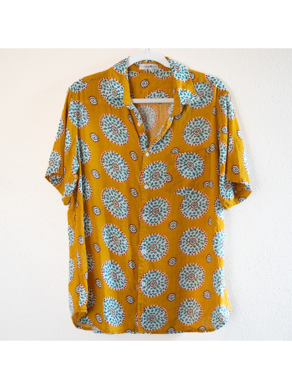 ChArmkp Medallion Print Button Down Shirt Mustard 90s Vintage Mens L